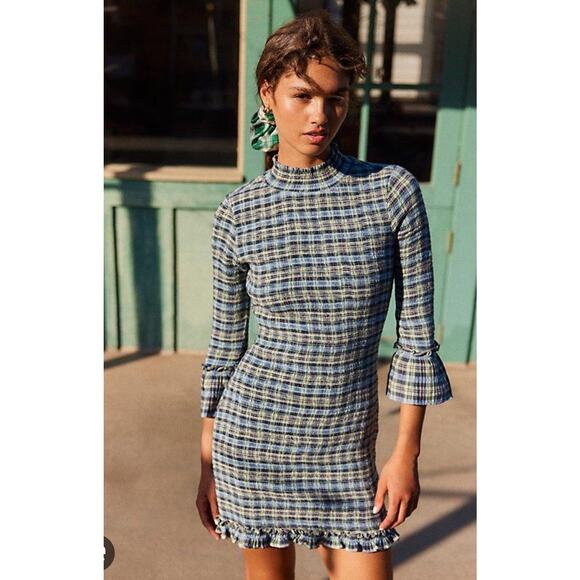 Free People Light sage combo Autumn Chill Plaid Mini Dress size medium $168 NEW - Picture 1 of 9